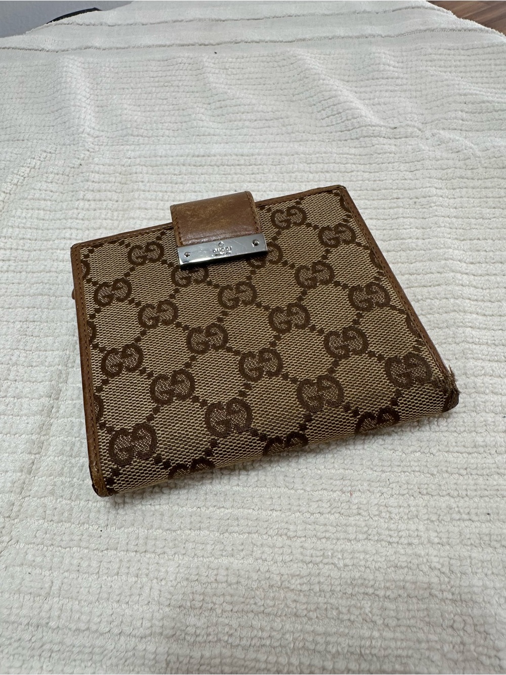 Gucci Brown GG Monogram Canvas Card Holder Wallet with Leather Trim
